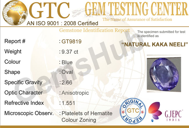 Natural Kaka Neeli Stone 9.37 ct